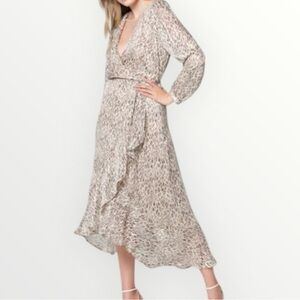 Lavender Brown Leopard Print Metallic Wrap Dress High Low Style Size XS